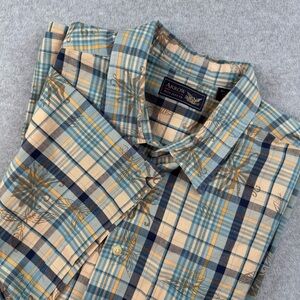 Arrow Plaid‎ Short Sleeve Button Up with Floral Overlay Ivory and Blue XXL 2XL